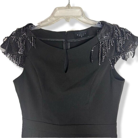 Mohito Black Cap Sleeve Mid Length Cocktail Lined Dress Sequin Shoulder Tassles - Picture 6 of 8